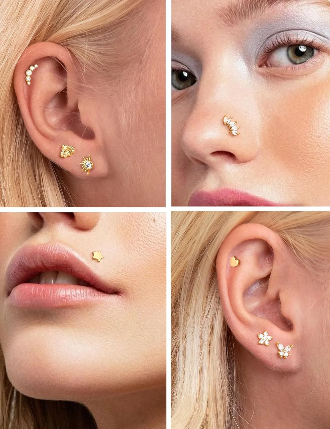 ORAZIO Push in Stud Earrings, 20G 18G Flat Back Earrings,Hypoallergenic Threadless Stud Multi-Pack, 14K Gold Plated 316L Surgical Steel Earring Sets, Push-in Cartilage Helix Tragus Nose Piercing Jewelry for Women