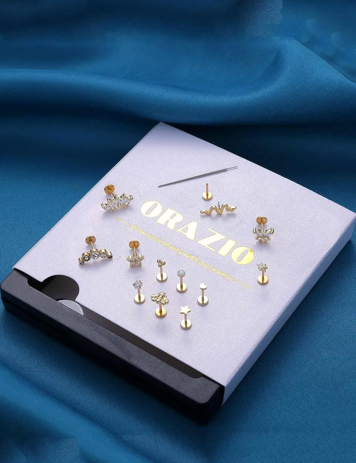 ORAZIO Push in Stud Earrings, 20G 18G Flat Back Earrings,Hypoallergenic Threadless Stud Multi-Pack, 14K Gold Plated 316L Surgical Steel Earring Sets, Push-in Cartilage Helix Tragus Nose Piercing Jewelry for Women