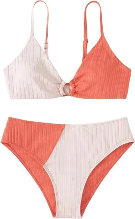 OYOANGLE Girl's 2 Piece Colorblock Ring Linked Bikini Swimsuit Ribbed Knit Bathing Suit