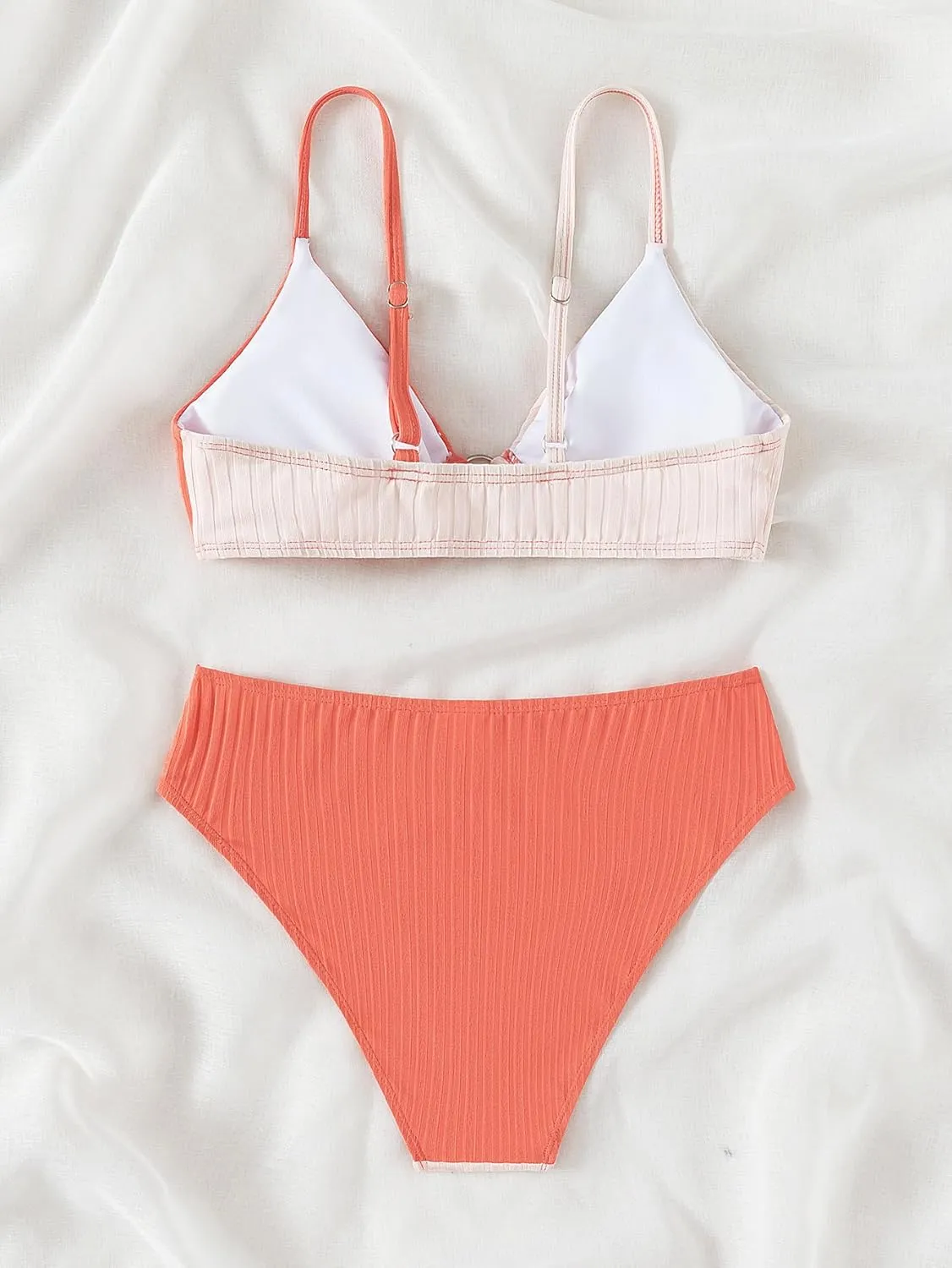 OYOANGLE Girl's 2 Piece Colorblock Ring Linked Bikini Swimsuit Ribbed Knit Bathing Suit