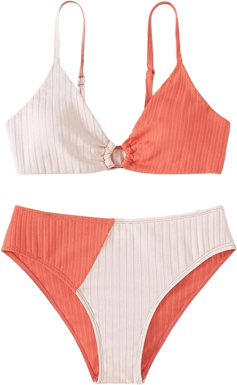 OYOANGLE Girl's 2 Piece Colorblock Ring Linked Bikini Swimsuit Ribbed Knit Bathing Suit