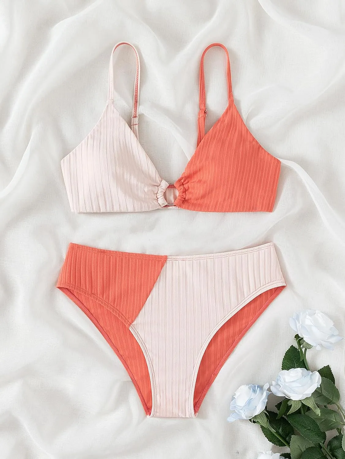 OYOANGLE Girl's 2 Piece Colorblock Ring Linked Bikini Swimsuit Ribbed Knit Bathing Suit