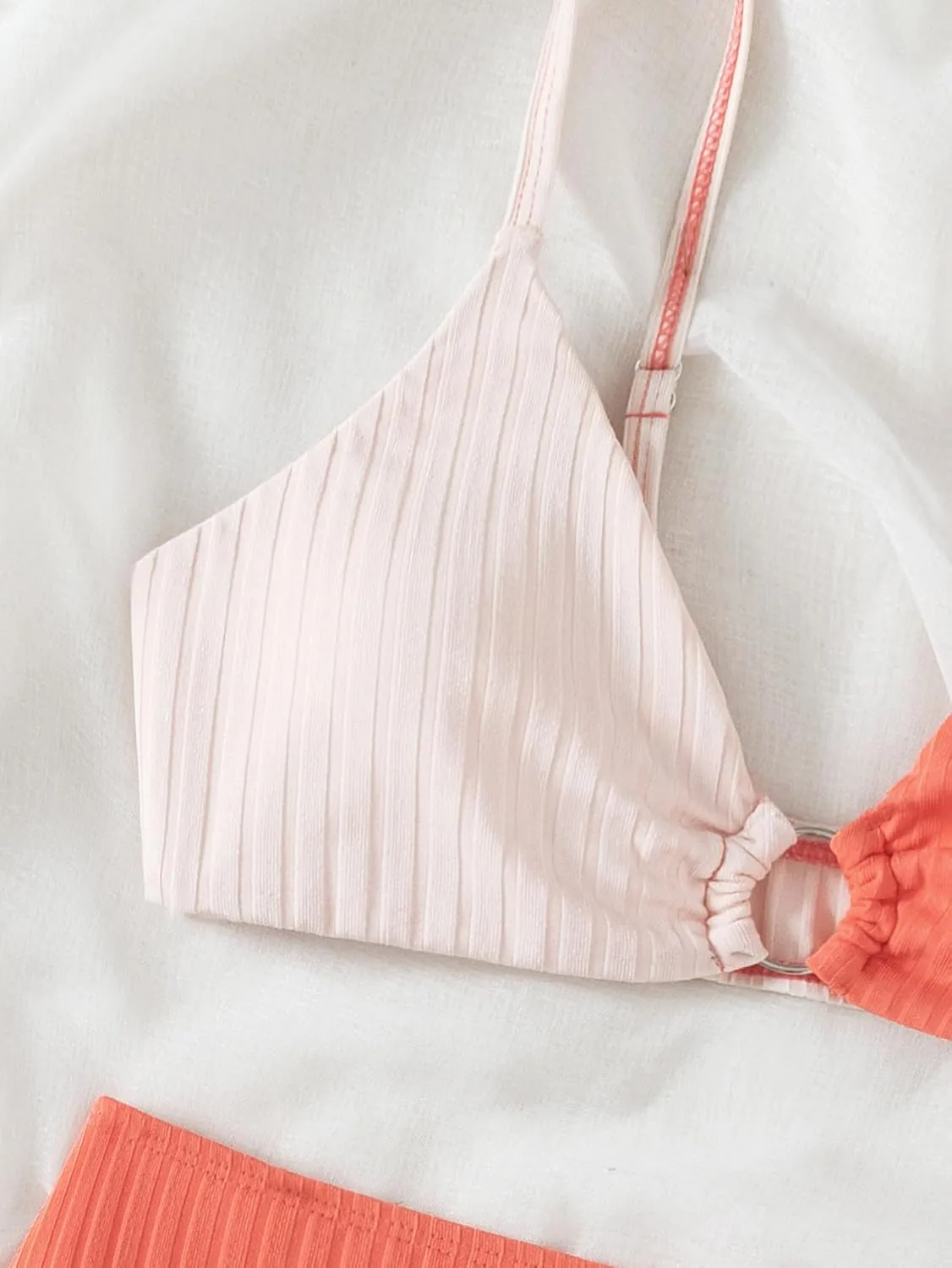 OYOANGLE Girl's 2 Piece Colorblock Ring Linked Bikini Swimsuit Ribbed Knit Bathing Suit