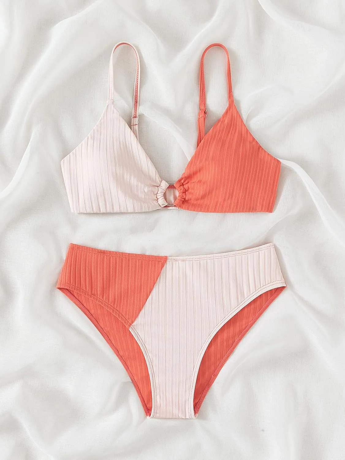 OYOANGLE Girl's 2 Piece Colorblock Ring Linked Bikini Swimsuit Ribbed Knit Bathing Suit