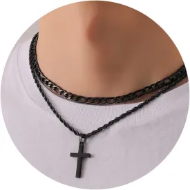 P.BLAKE Layered Cross Necklace With Chain for Men Boys, Stainless Steel Figaro Twist Rope Chain Christian Cross Pendant Choke Necklace Jewelry Gifts for Men Boys
