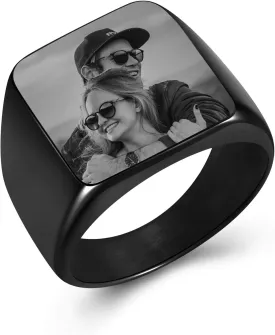 Personalized Master Custom Picture Signet Ring Engraved Polished Photo Text Initial Simple Plain Black Signet Ring Size 9-14 for Men Women Memorial Stainless Steel Jewelry