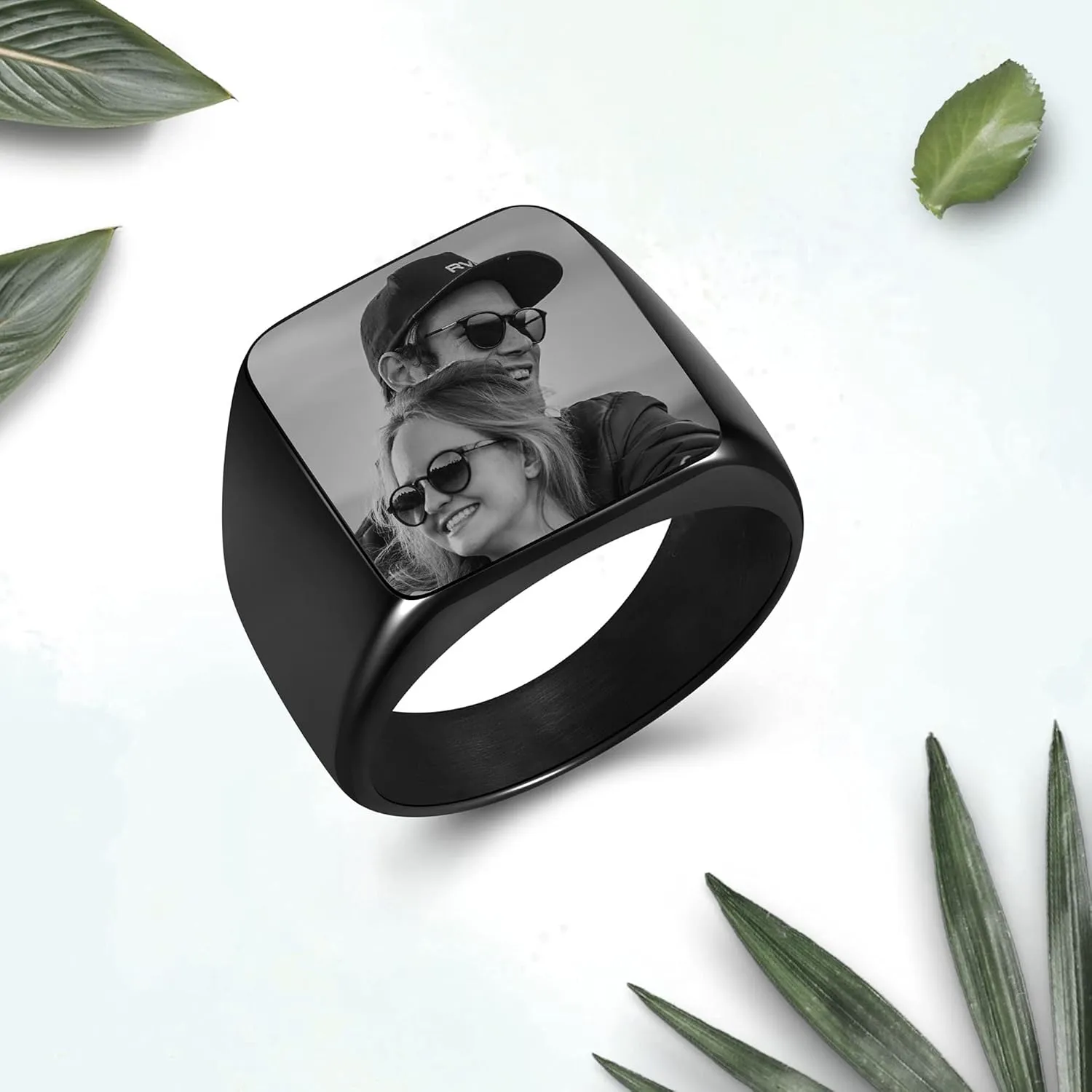 Personalized Master Custom Picture Signet Ring Engraved Polished Photo Text Initial Simple Plain Black Signet Ring Size 9-14 for Men Women Memorial Stainless Steel Jewelry