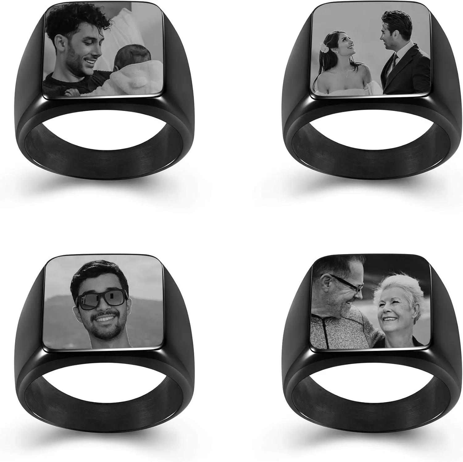 Personalized Master Custom Picture Signet Ring Engraved Polished Photo Text Initial Simple Plain Black Signet Ring Size 9-14 for Men Women Memorial Stainless Steel Jewelry