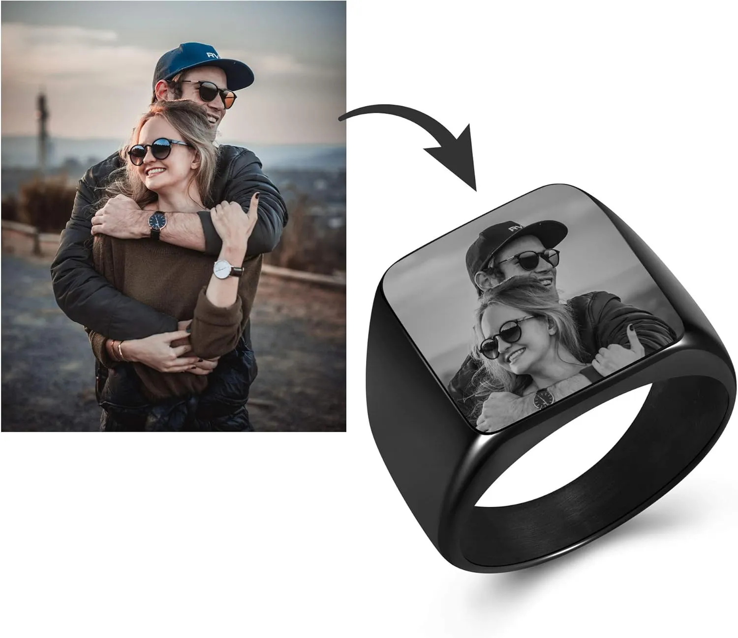 Personalized Master Custom Picture Signet Ring Engraved Polished Photo Text Initial Simple Plain Black Signet Ring Size 9-14 for Men Women Memorial Stainless Steel Jewelry