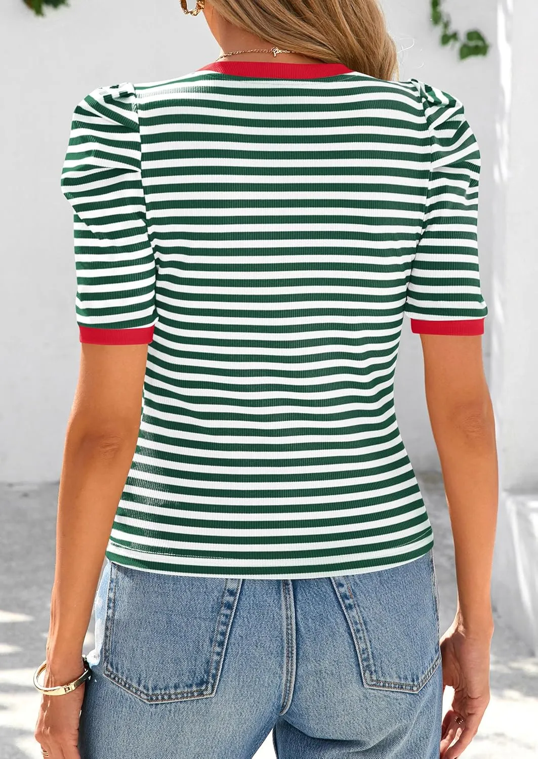 PRETTYGARDEN Women's Summer Puff Sleeve Tops Casual Ribbed Knit Crop Top Color Block Trendy Crewneck Striped Shirts