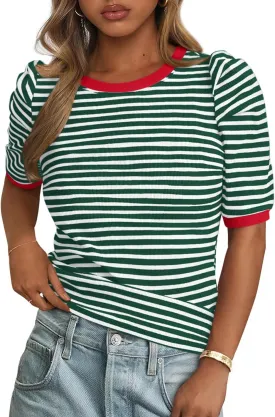 PRETTYGARDEN Women's Summer Puff Sleeve Tops Casual Ribbed Knit Crop Top Color Block Trendy Crewneck Striped Shirts