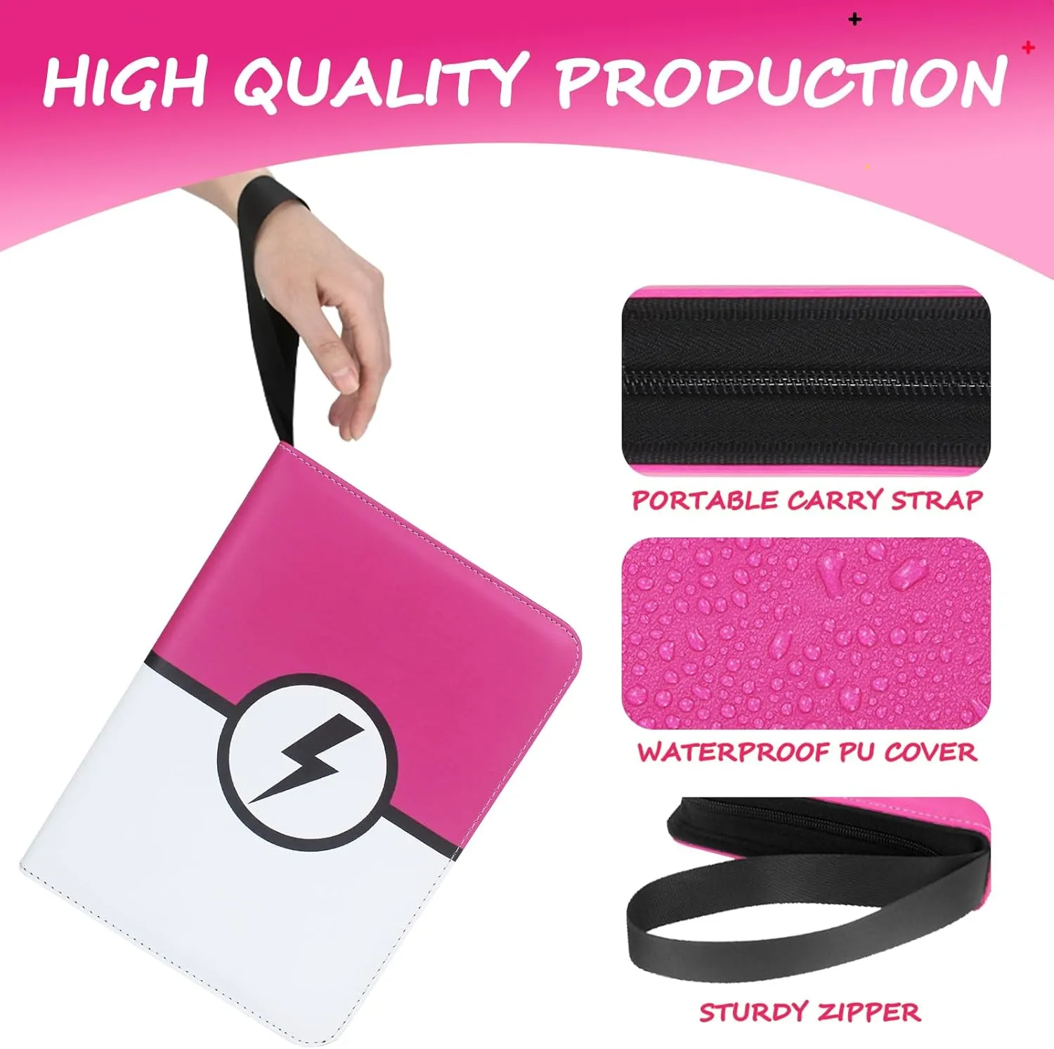 RADWIMPS Premium 4 Pocket Trading Card Binder with 50 Removable Sleeves - Holds 400 Cards, 3-Ring Zipper Game Collection Album - Gift for Boys & Girls (RoseRed&White)