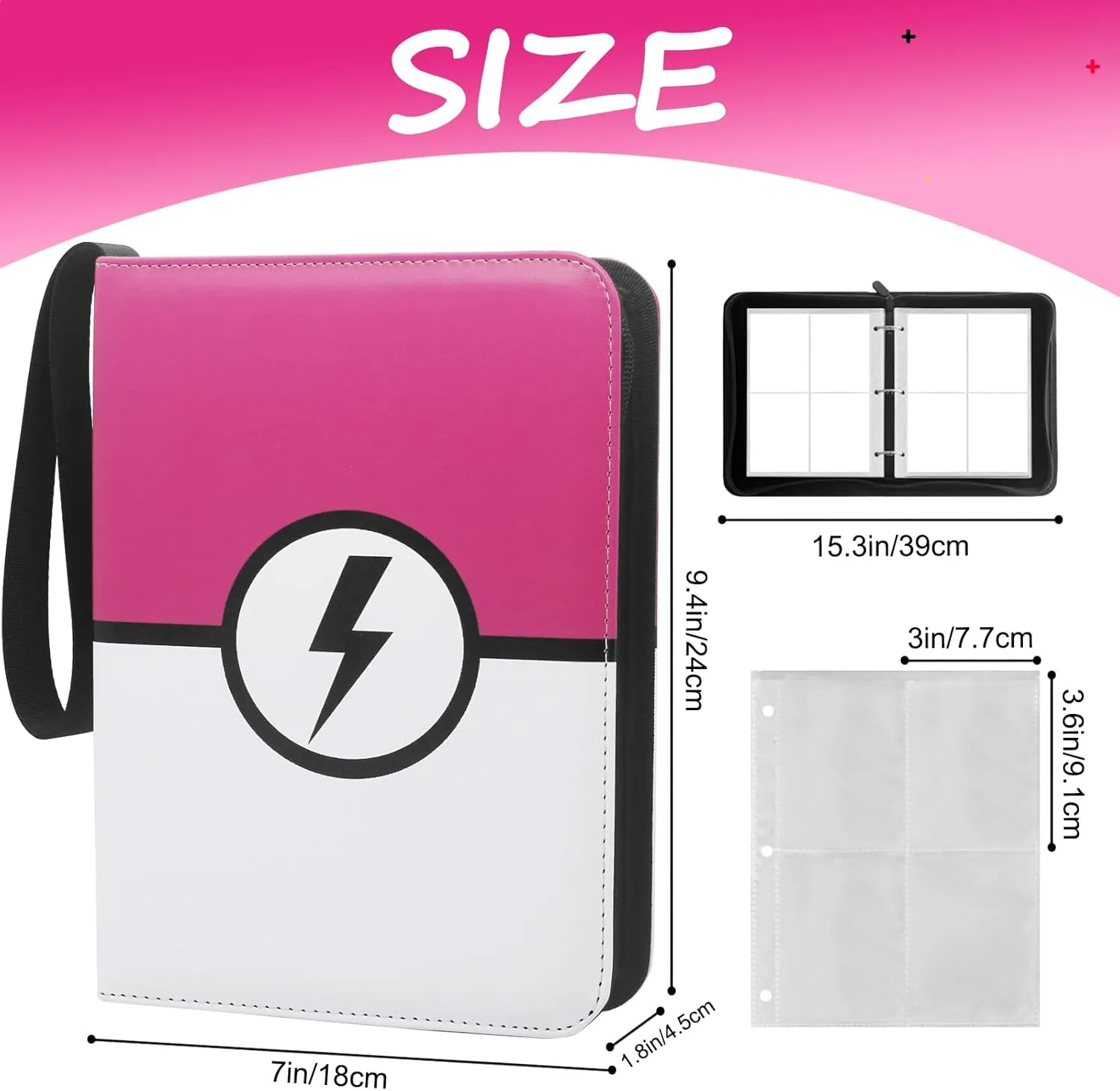 RADWIMPS Premium 4 Pocket Trading Card Binder with 50 Removable Sleeves - Holds 400 Cards, 3-Ring Zipper Game Collection Album - Gift for Boys & Girls (RoseRed&White)