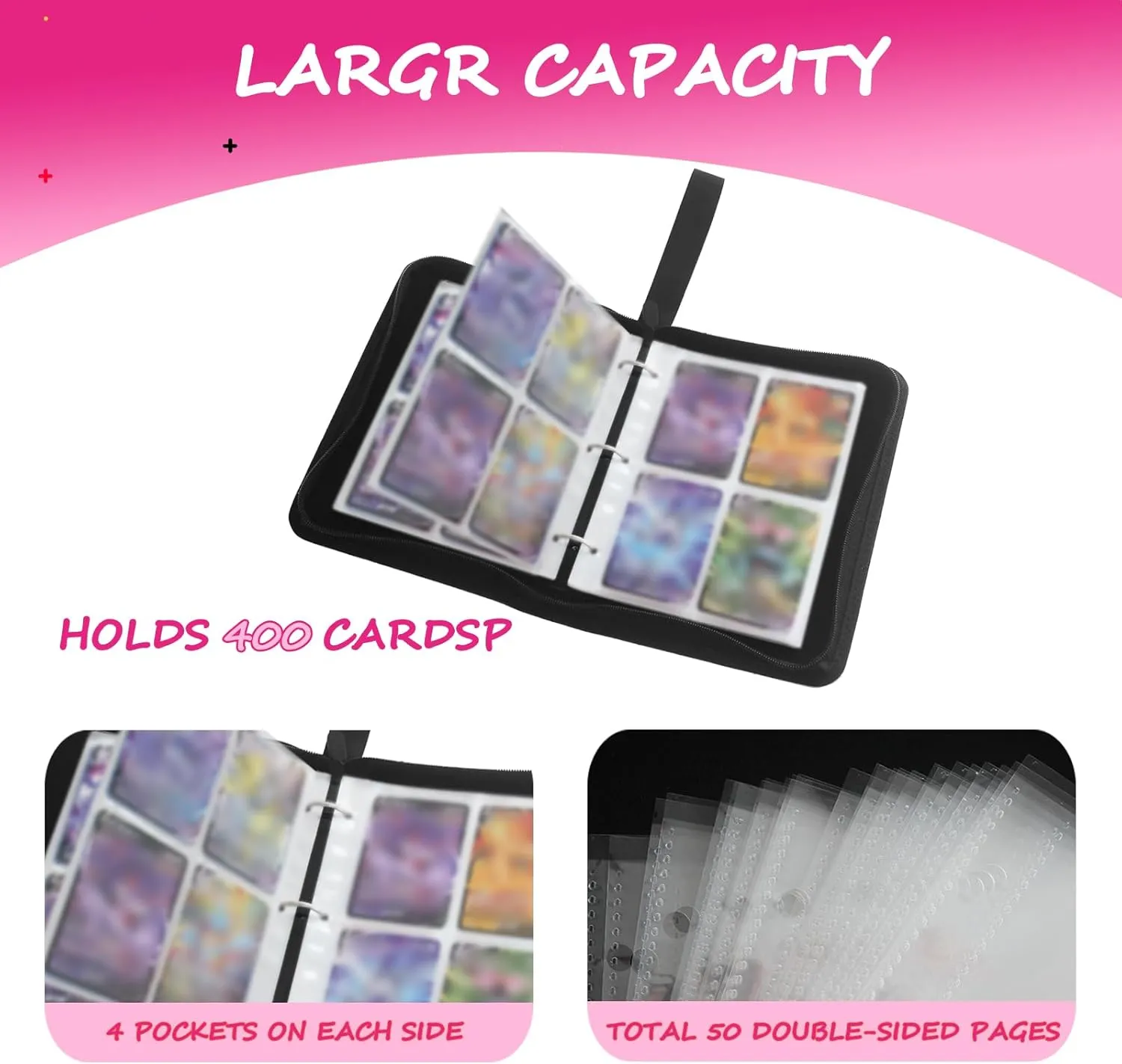 RADWIMPS Premium 4 Pocket Trading Card Binder with 50 Removable Sleeves - Holds 400 Cards, 3-Ring Zipper Game Collection Album - Gift for Boys & Girls (RoseRed&White)