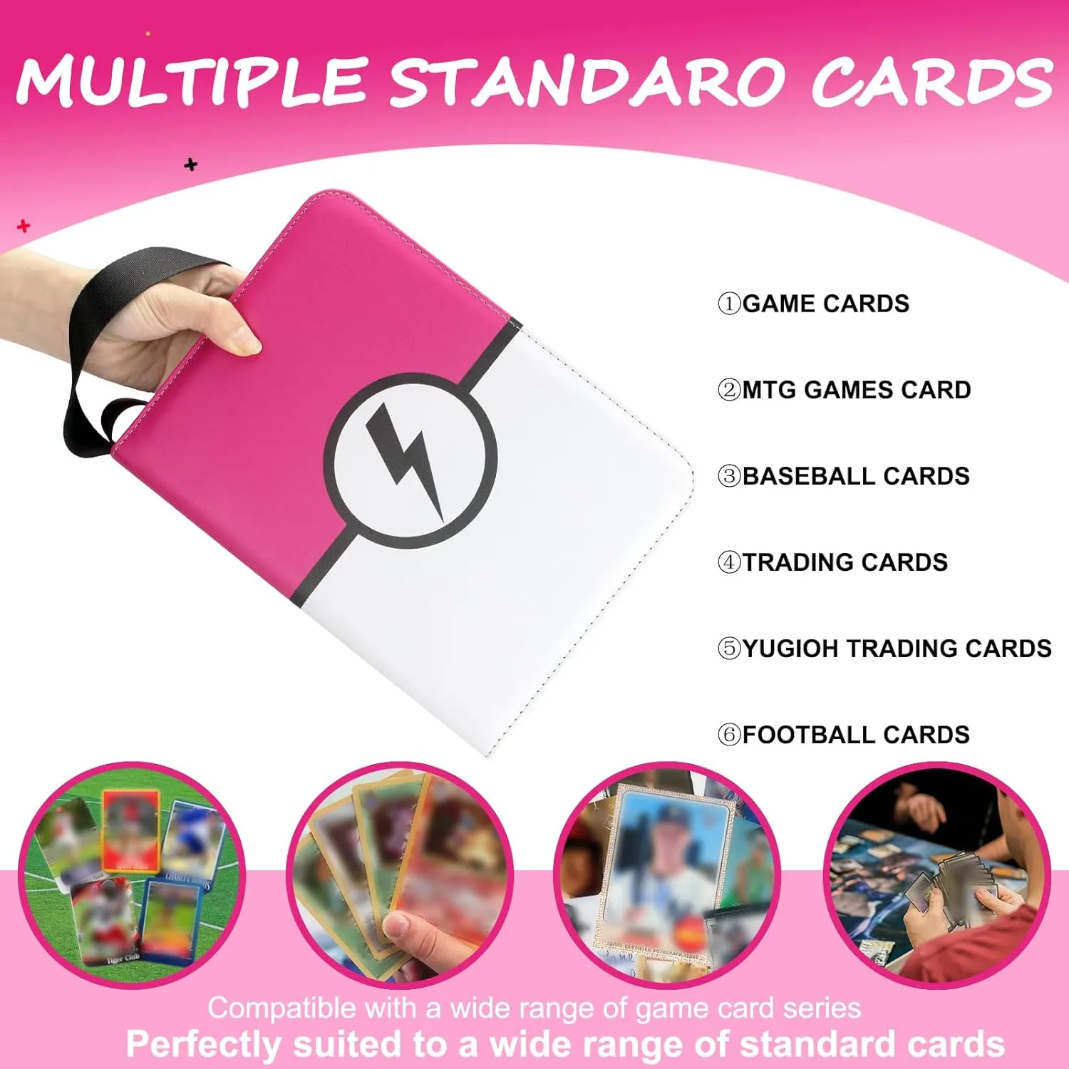 RADWIMPS Premium 4 Pocket Trading Card Binder with 50 Removable Sleeves - Holds 400 Cards, 3-Ring Zipper Game Collection Album - Gift for Boys & Girls (RoseRed&White)
