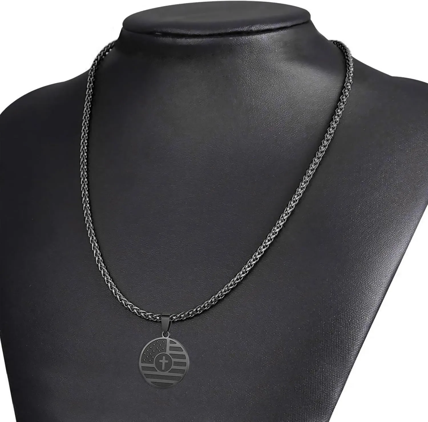 REELMAR American Flag Cross Necklace for Men, Stainless Steel Inspirational Bible Verse Coin Pendant 24 Inches Wheat Chain Patriotic Jewelry