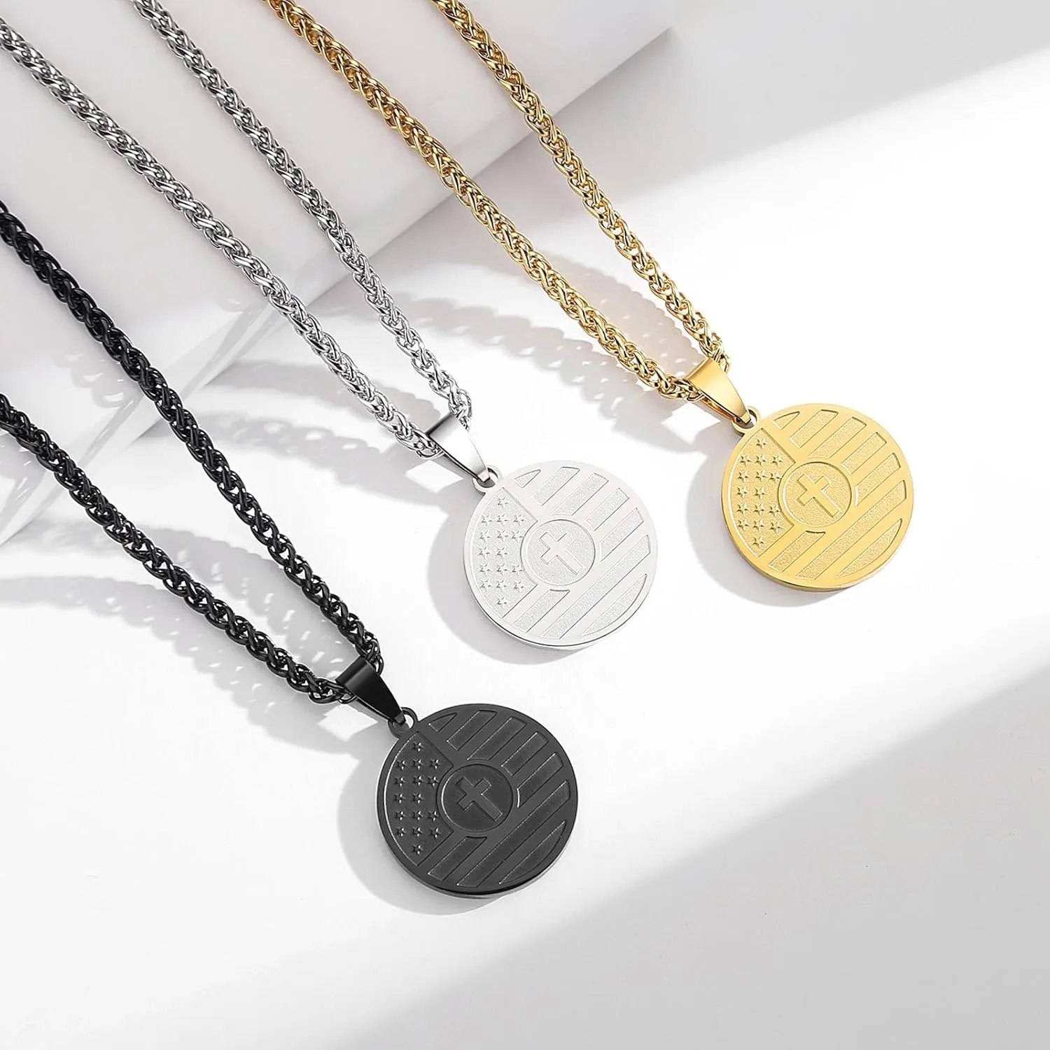 REELMAR American Flag Cross Necklace for Men, Stainless Steel Inspirational Bible Verse Coin Pendant 24 Inches Wheat Chain Patriotic Jewelry