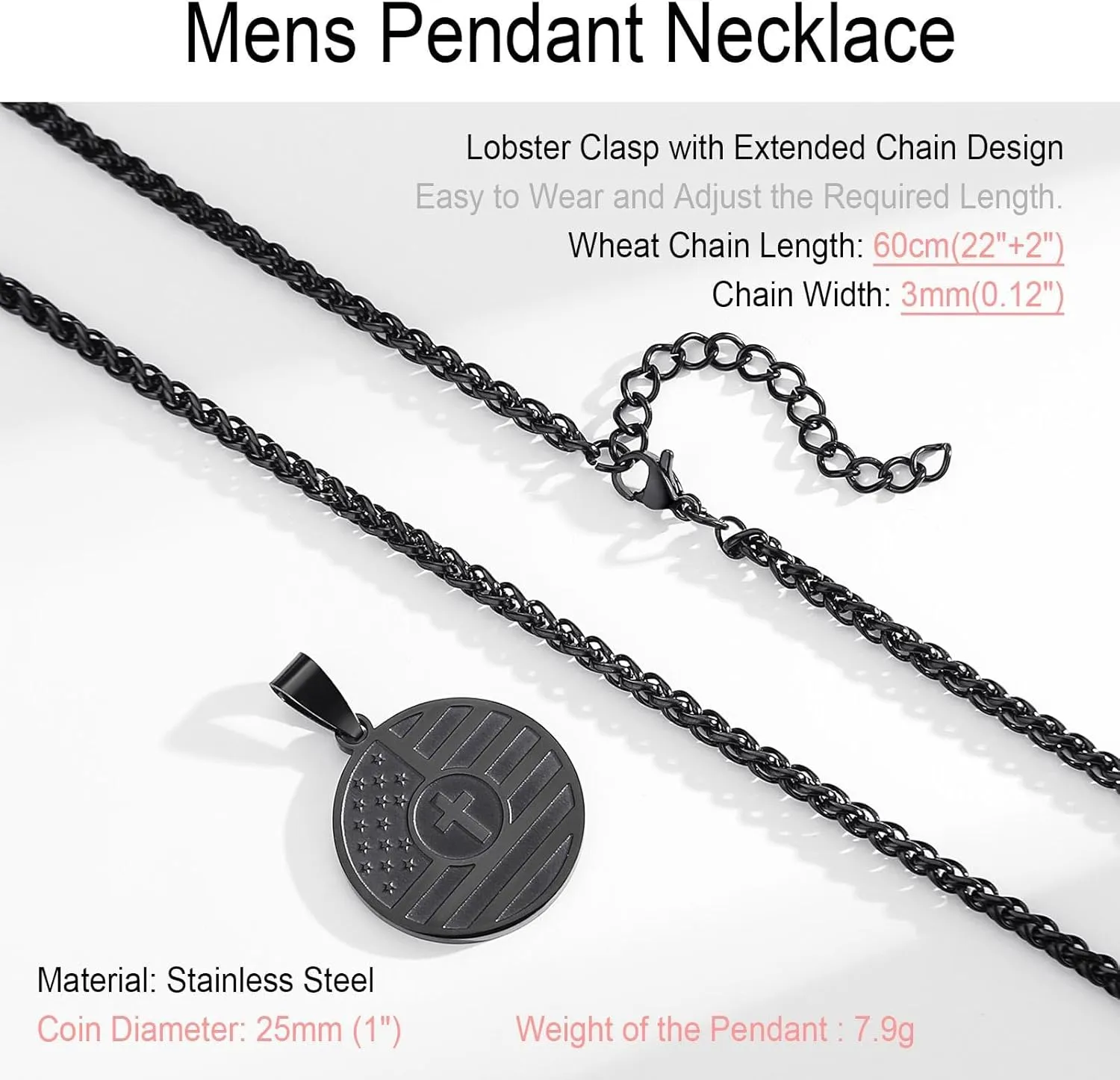 REELMAR American Flag Cross Necklace for Men, Stainless Steel Inspirational Bible Verse Coin Pendant 24 Inches Wheat Chain Patriotic Jewelry