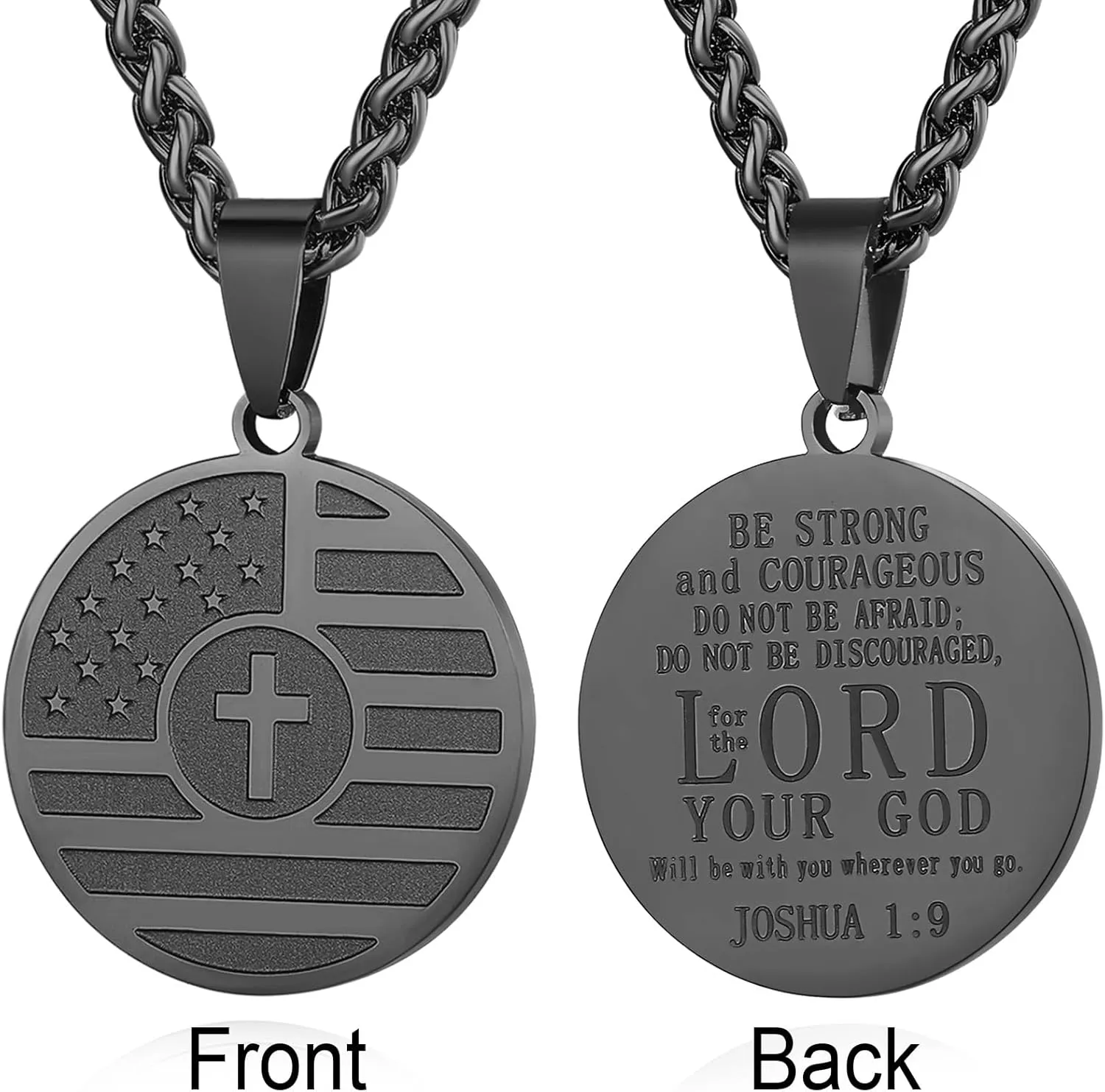 REELMAR American Flag Cross Necklace for Men, Stainless Steel Inspirational Bible Verse Coin Pendant 24 Inches Wheat Chain Patriotic Jewelry