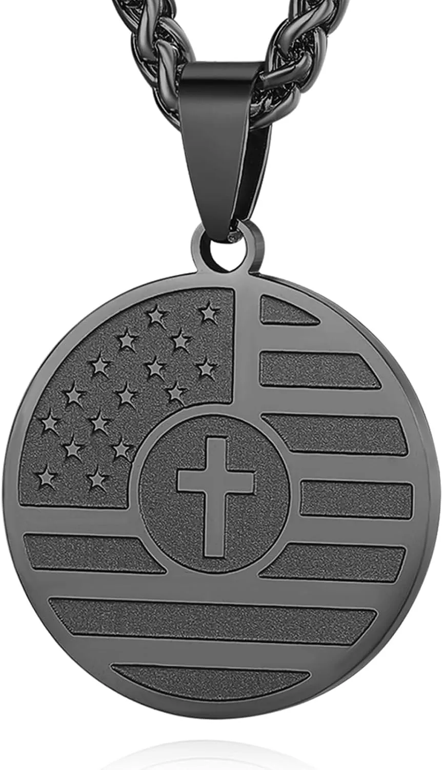 REELMAR American Flag Cross Necklace for Men, Stainless Steel Inspirational Bible Verse Coin Pendant 24 Inches Wheat Chain Patriotic Jewelry
