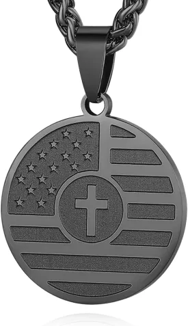 REELMAR American Flag Cross Necklace for Men, Stainless Steel Inspirational Bible Verse Coin Pendant 24 Inches Wheat Chain Patriotic Jewelry
