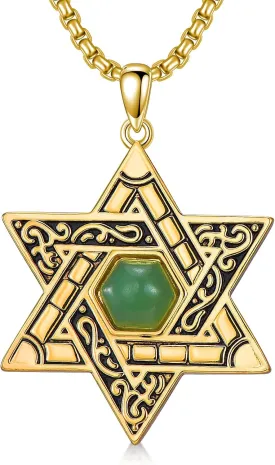 SILBZA Star of David Necklace with Green Aventurine and Gold-plated Star of David for Men