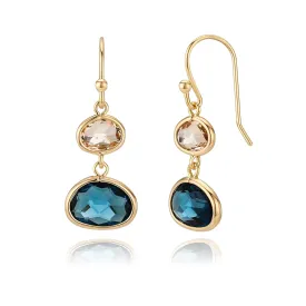Simulated Navy Blue Sapphire & Champagne Topaz Crystal Earrings - 14k Gold-Plated, Hypoallergenic Dangle Drops, Lightweight & Comfortable for All-Day Wear, Ideal Gift