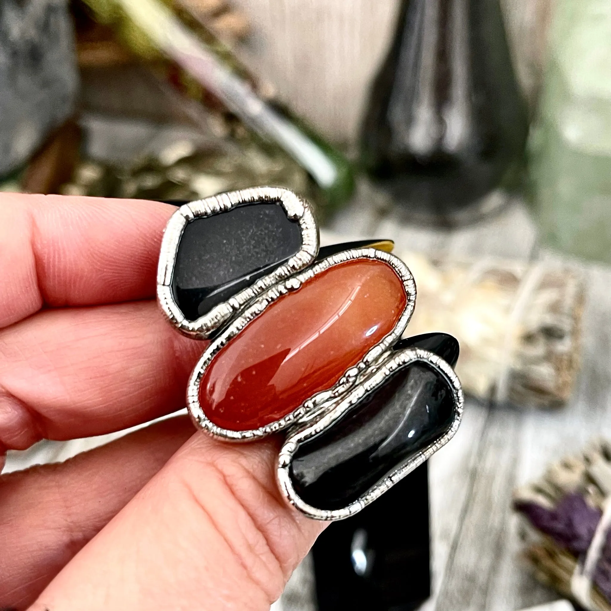 Size 8.5 Crystal Ring - Three Stone Ring Black Onyx Red Carnelian Silver Ring / Foxlark Collection - One of a Kind