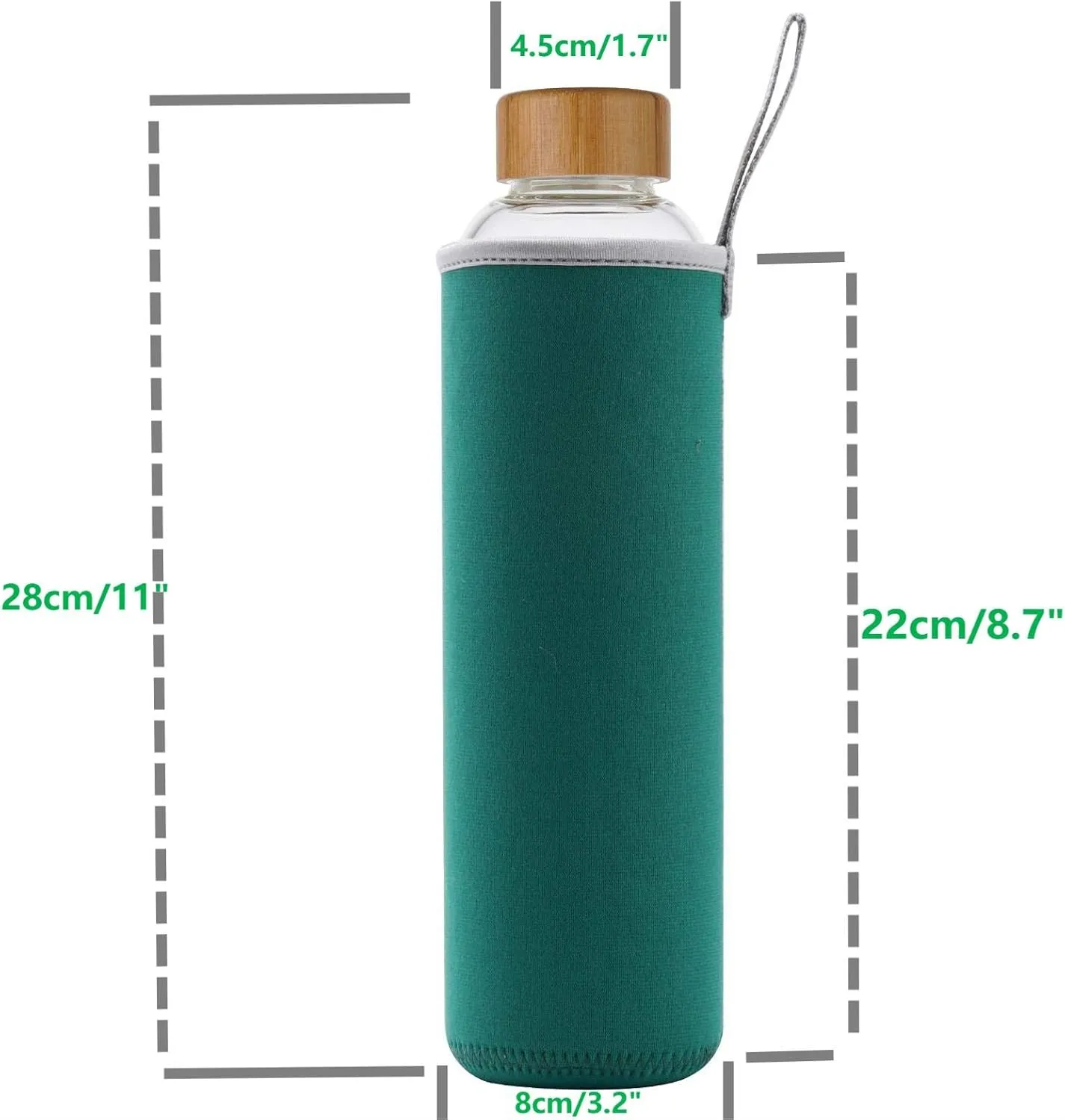 sunkey 32 oz Glass Water Bottle with Time Marker Bamboo Lid Neoprene Sleeve for to Go Travel Gym Home Reusable Eco Friendly Bpa Free (Green)