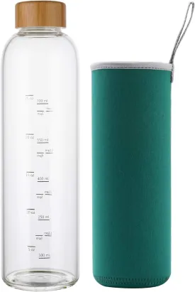 sunkey 32 oz Glass Water Bottle with Time Marker Bamboo Lid Neoprene Sleeve for to Go Travel Gym Home Reusable Eco Friendly Bpa Free (Green)