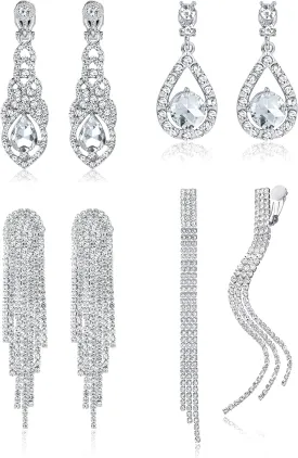 THUNARAZ 4 Pairs Silver Clip on Earrings for Women, Sparkly Rhinestone Tassel Chandelier Teardrop Dangle Earrings for Brides Bridesmaids Non Pierced Prom Jewelry Set