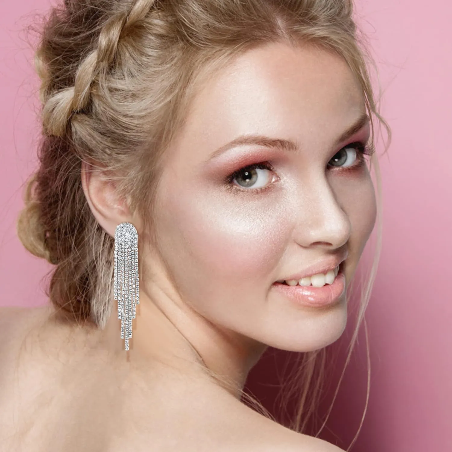 THUNARAZ 4 Pairs Silver Clip on Earrings for Women, Sparkly Rhinestone Tassel Chandelier Teardrop Dangle Earrings for Brides Bridesmaids Non Pierced Prom Jewelry Set