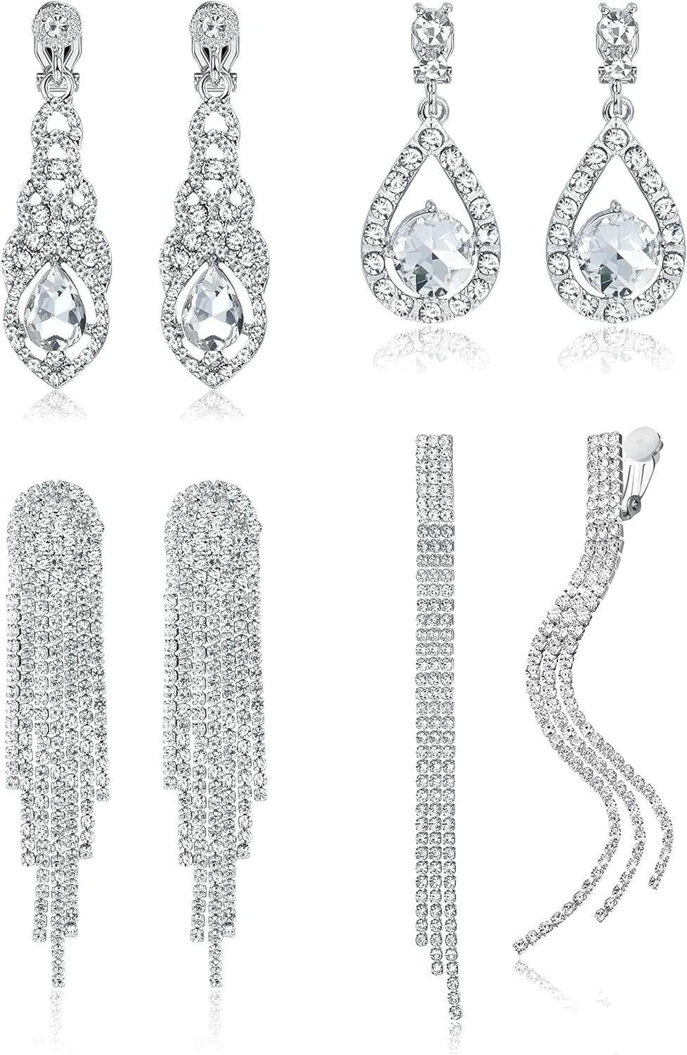 THUNARAZ 4 Pairs Silver Clip on Earrings for Women, Sparkly Rhinestone Tassel Chandelier Teardrop Dangle Earrings for Brides Bridesmaids Non Pierced Prom Jewelry Set