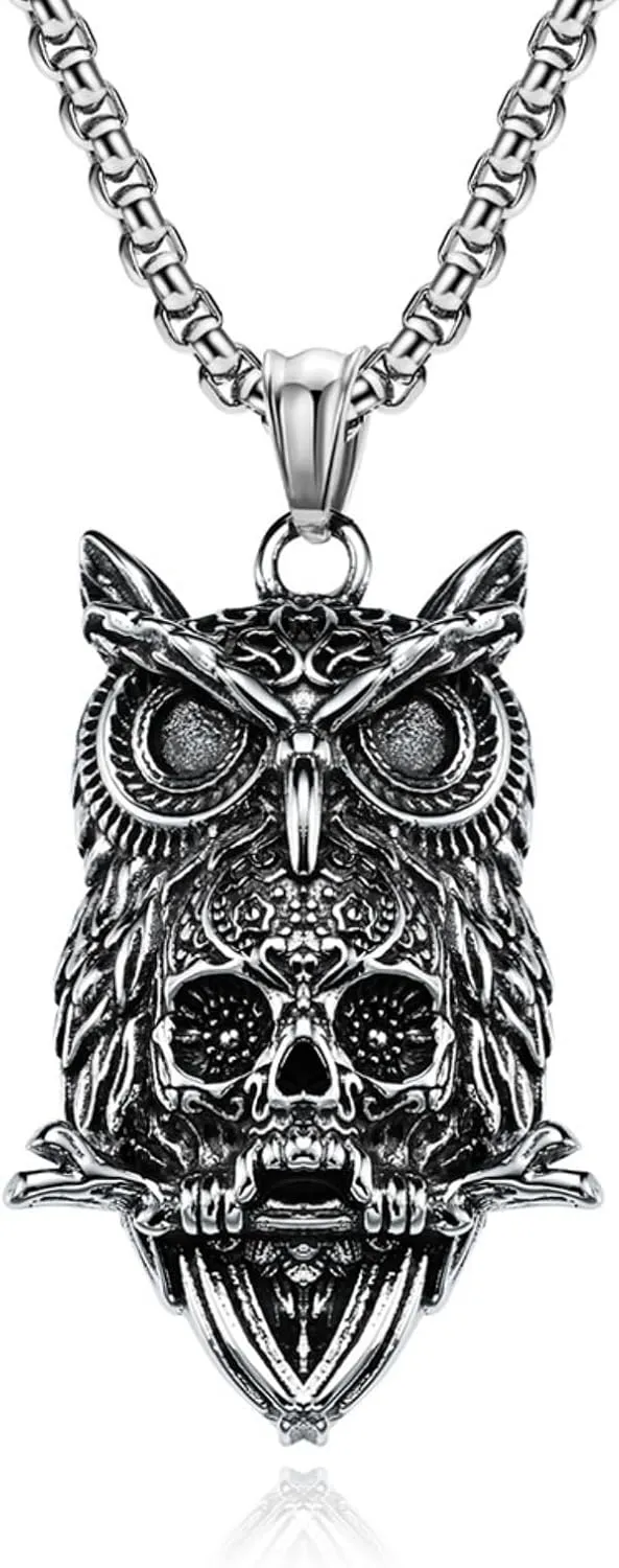 Unisex Stainless Steel Owl With Skull Pendant Necklace for Men Women,Titanium Steel 3D Owl Charm Jewelry Chain Necklace for Mens,Owl Skull Protection Amulet Necklaces,24inch Chain