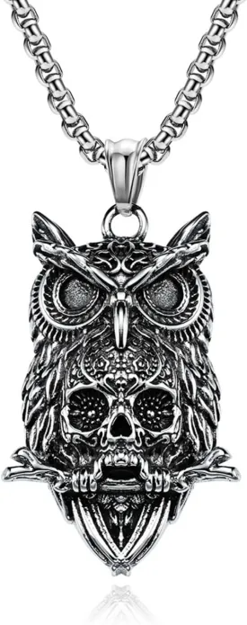 Unisex Stainless Steel Owl With Skull Pendant Necklace for Men Women,Titanium Steel 3D Owl Charm Jewelry Chain Necklace for Mens,Owl Skull Protection Amulet Necklaces,24inch Chain