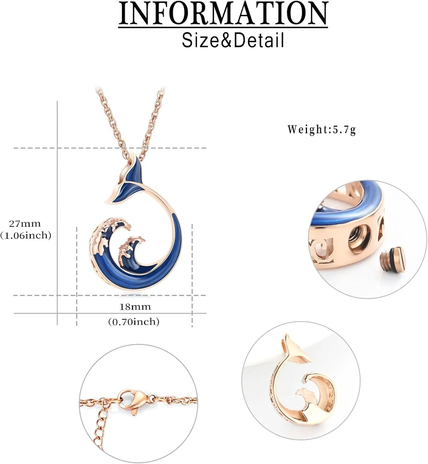 Urn Necklace for Ashes Whale Wave Cremation Jewelry Stainless Steel Ashes Pendant Fish Tail Keepsake Memorial Urn Jewelry for Women Men