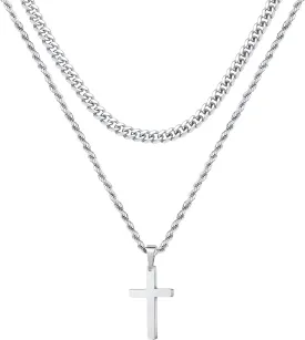 Ursteel Layered Cross Necklace for Men - 18K Gold Silver Black Cross Necklaces Chain for Men, Layered Rope Chain Necklace Mens Jewelry 16 18 20 22 24 Inch