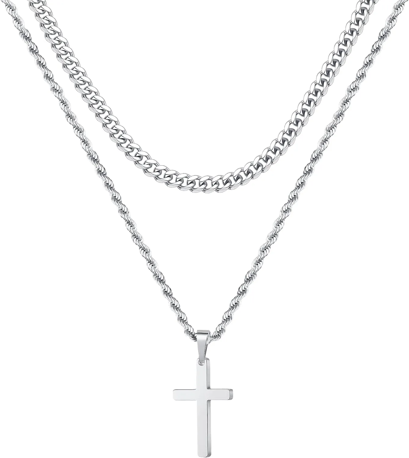 Ursteel Layered Cross Necklace for Men - 18K Gold Silver Black Cross Necklaces Chain for Men, Layered Rope Chain Necklace Mens Jewelry 16 18 20 22 24 Inch