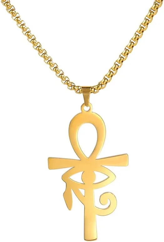VASSAGO Ankh Cross Eye of Horus Necklace Coptic Ankh Cross Religious Pendant Eye of Horus Necklace Stainless Steel Ancient Egyptian Eye of Horus Protection Jewelry Gift for Mens Women