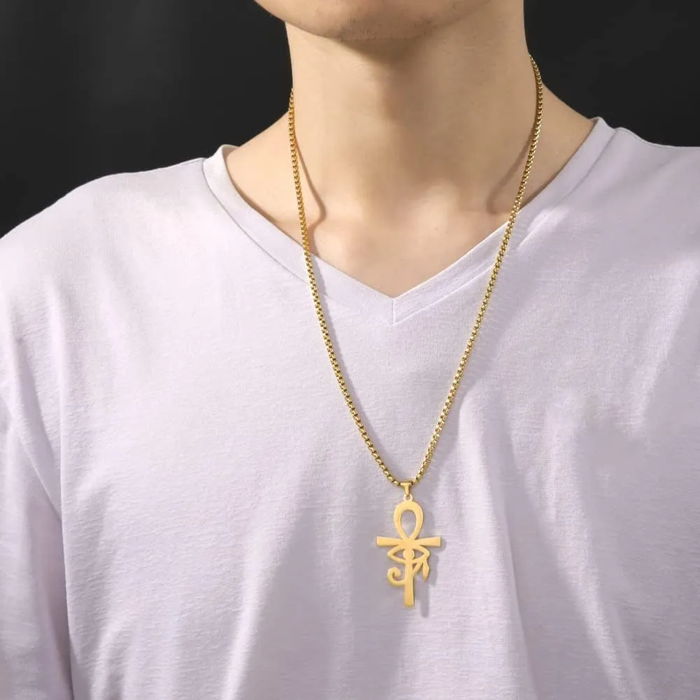 VASSAGO Ankh Cross Eye of Horus Necklace Coptic Ankh Cross Religious Pendant Eye of Horus Necklace Stainless Steel Ancient Egyptian Eye of Horus Protection Jewelry Gift for Mens Women