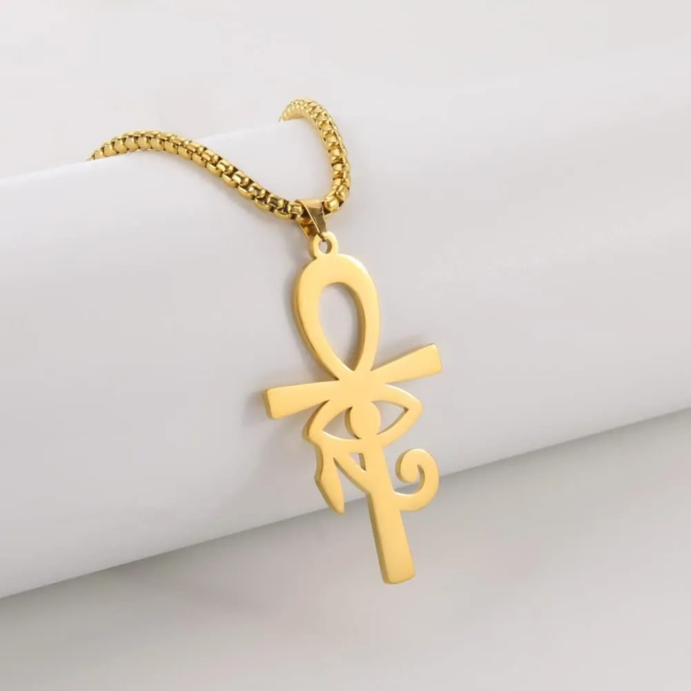 VASSAGO Ankh Cross Eye of Horus Necklace Coptic Ankh Cross Religious Pendant Eye of Horus Necklace Stainless Steel Ancient Egyptian Eye of Horus Protection Jewelry Gift for Mens Women