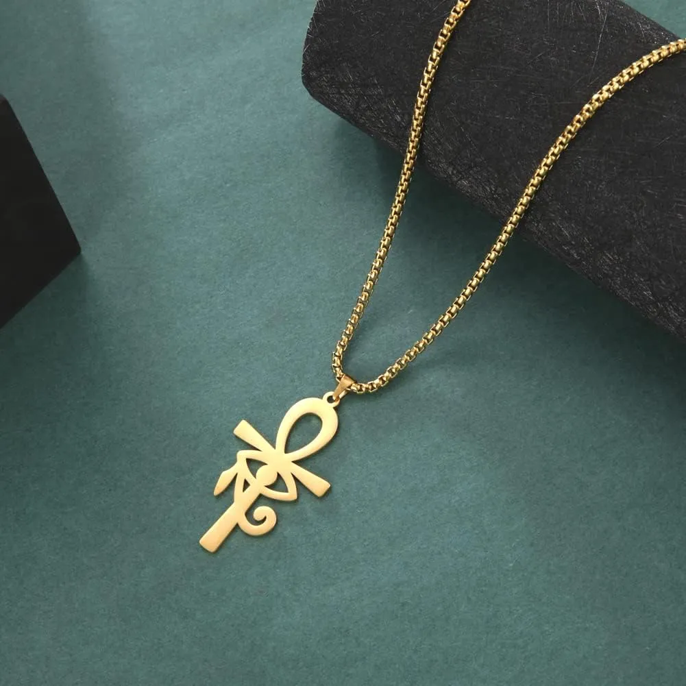 VASSAGO Ankh Cross Eye of Horus Necklace Coptic Ankh Cross Religious Pendant Eye of Horus Necklace Stainless Steel Ancient Egyptian Eye of Horus Protection Jewelry Gift for Mens Women