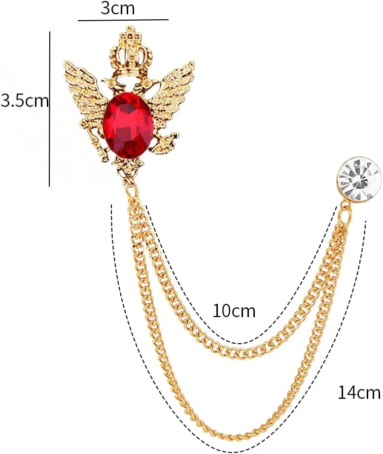 Vintage Crown Gemstone Long Chain Brooch Pin,Animal Double Headed Eagle Tassel Suit Pin Rhinestone Wings Lapel Pin Jewelry for Women Men