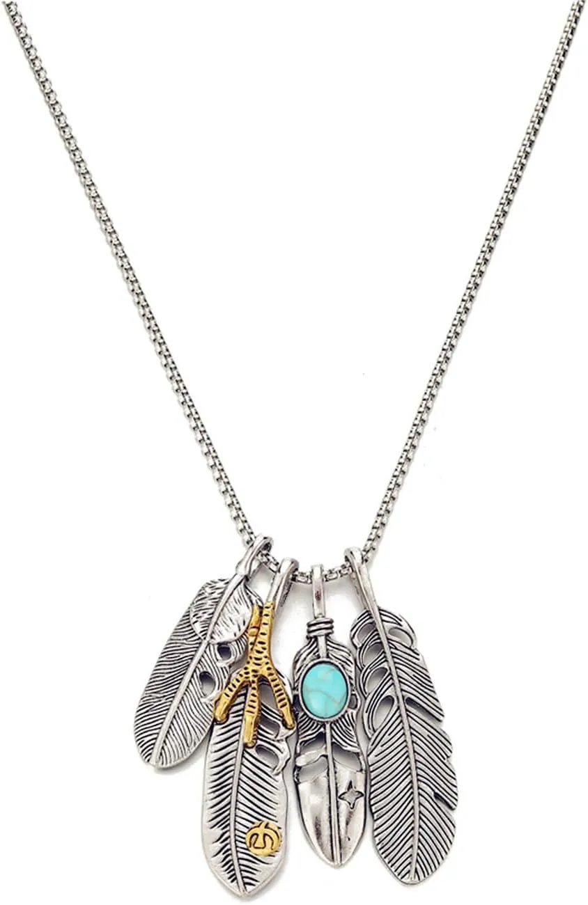 Vintage Feather Turquoise Necklace Stainless Steel Bohemian Charm Angel Feathers Leaf Eagle Hawks Claw Pendant Necklace for Unisex Men Women Boho Tribal Birthday Christmas Party Jewelry Gifts