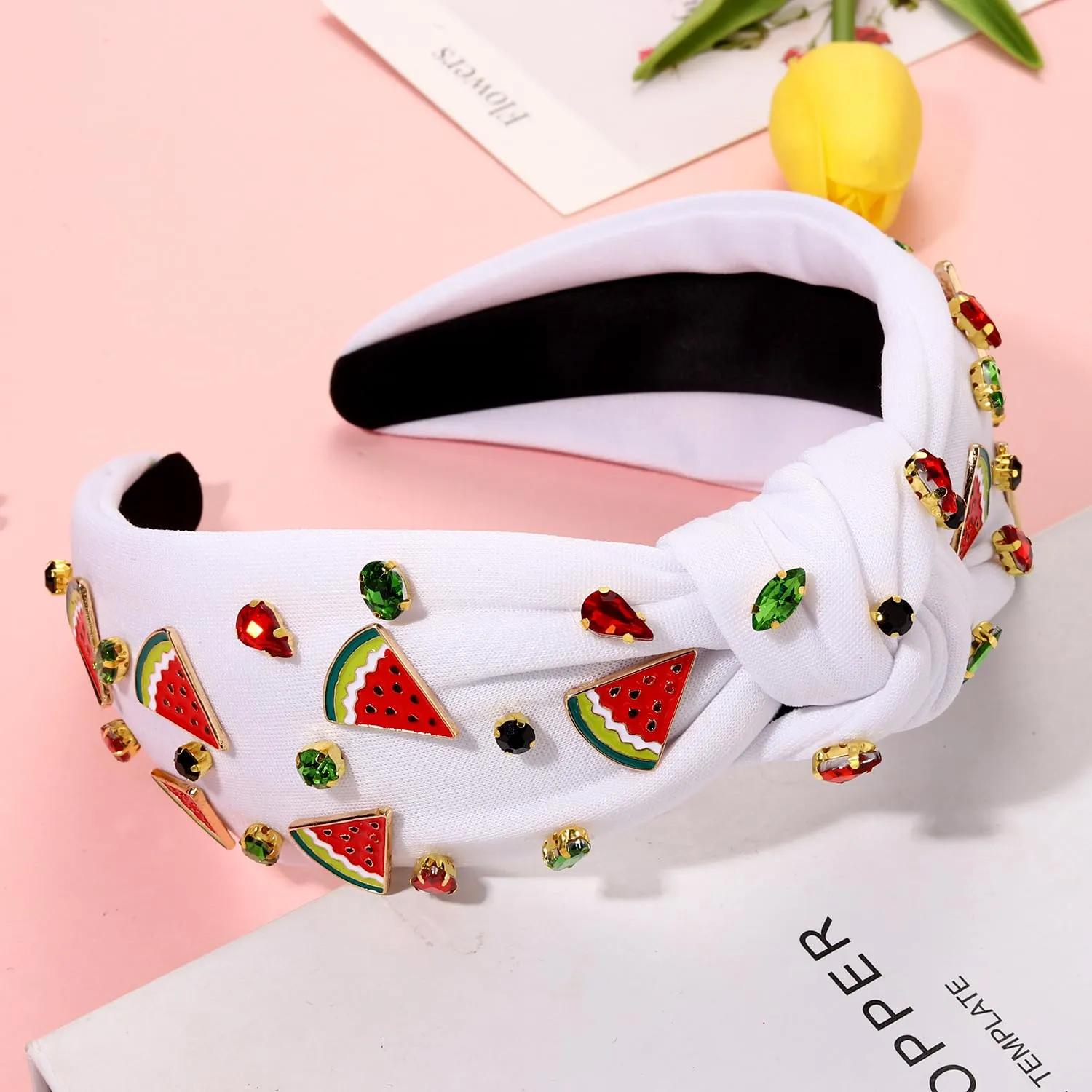 Watermelon Headbands Summer Headband for Women Tropical Fruit Headbands Rhinestone Crystal Wide Top Knot Headband Summer Hair Accessories Beach Vacation Outfits Party Favors (Fruit B-White)