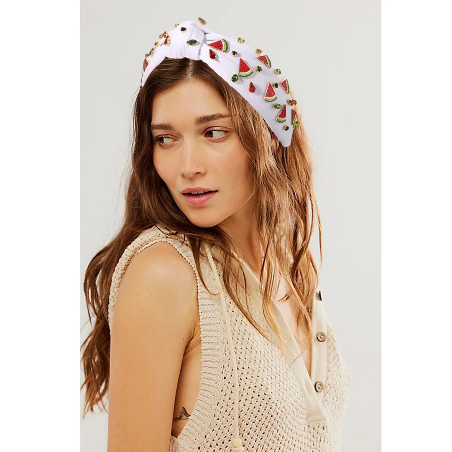 Watermelon Headbands Summer Headband for Women Tropical Fruit Headbands Rhinestone Crystal Wide Top Knot Headband Summer Hair Accessories Beach Vacation Outfits Party Favors (Fruit B-White)