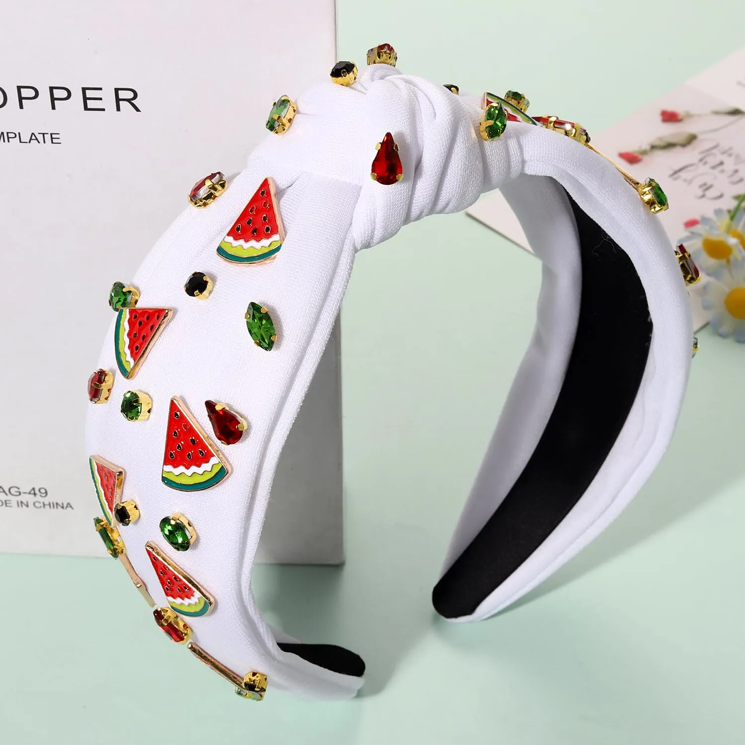 Watermelon Headbands Summer Headband for Women Tropical Fruit Headbands Rhinestone Crystal Wide Top Knot Headband Summer Hair Accessories Beach Vacation Outfits Party Favors (Fruit B-White)