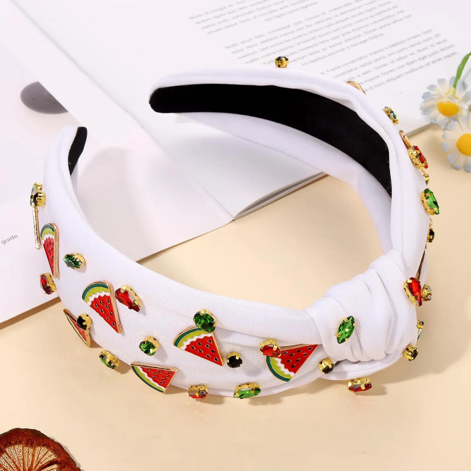 Watermelon Headbands Summer Headband for Women Tropical Fruit Headbands Rhinestone Crystal Wide Top Knot Headband Summer Hair Accessories Beach Vacation Outfits Party Favors (Fruit B-White)