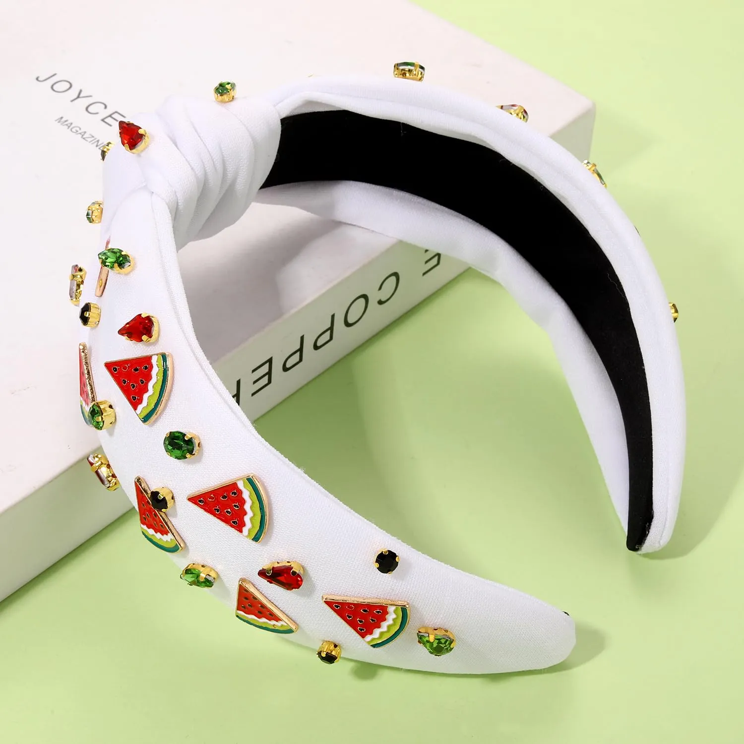 Watermelon Headbands Summer Headband for Women Tropical Fruit Headbands Rhinestone Crystal Wide Top Knot Headband Summer Hair Accessories Beach Vacation Outfits Party Favors (Fruit B-White)