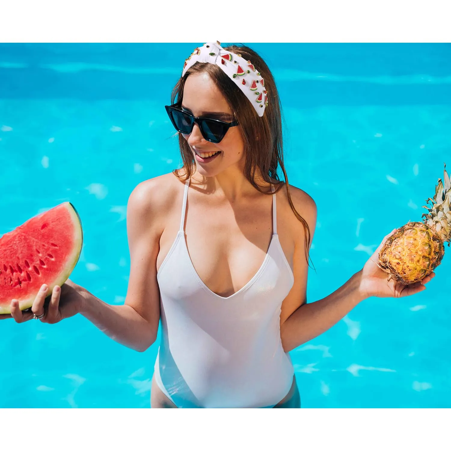 Watermelon Headbands Summer Headband for Women Tropical Fruit Headbands Rhinestone Crystal Wide Top Knot Headband Summer Hair Accessories Beach Vacation Outfits Party Favors (Fruit B-White)